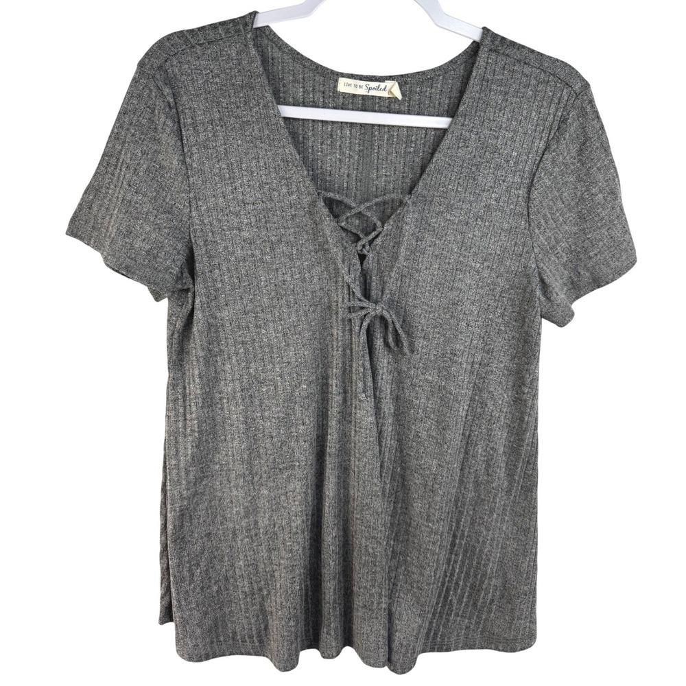 Live To Be Spoiled Womens Large Grey Ribbed Lace Up V-Neck Short Sleeve Top